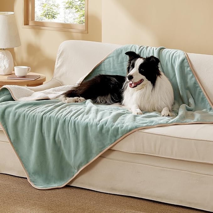 Bedsure Waterproof Dog Blankets for Extra Large Dogs - XL Cat Blanket Washable for Couch Protection, Sherpa Fleece Puppy Blanket, Soft Plush Reversible Throw Furniture Protector, 50x60, Light Green