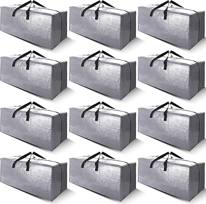 Cosy Family 12 Pack Heavy Duty Moving Bags with Backpack Straps - Strong Handles & Zippers, Storage Totes For Space Saving, Fold Flat, Alternative to Moving Box (X-Large-Set of 12, Silver)