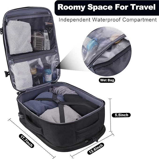 MOZETO TSA Approved Carry On Backpack, Extra Large Tactical Travel Backpack for Men, Airplane Approved Weekender Bag, Water Resistant Lightweight Laptop Daypack for Flight, Black