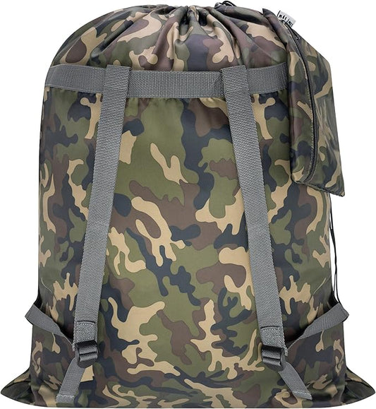 Large Laundry Bag Backpack, 27” x 34”Sturdy Laundry Bag with Shoulder Straps Drawstring Closure Heavy Duty Foldable Laundry Backpack for College, Travel, Laundromat, Apartment (camo)