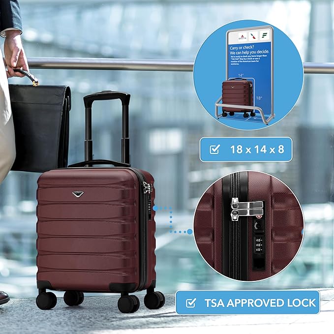 Flight Knight Carry On Suitcase 18x14x8" Hardside Built In TSA Lock & USB Port Lightweight Luggage Silent Double Spinner Wheels Maximum Underseat Carry-On Bag For American & United Approved Airlines
