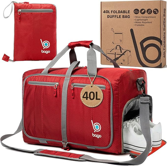 Bago Compact Duffle Bag for Travel Women & Men. Durable Lightweight Foldable Travel Duffel Bags For Traveling Women. 40L Duffle Bags a Reliable Weekender duffel or Overnight Bag With Shoe Compartment