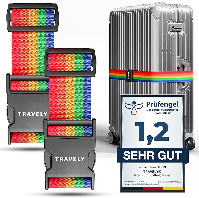 TRAVELY Luggage Straps - Particularly conspicuous & Secure - Incl. 2 Name Tags - Luggage Strap Ideal crosswise - [Set of 2]
