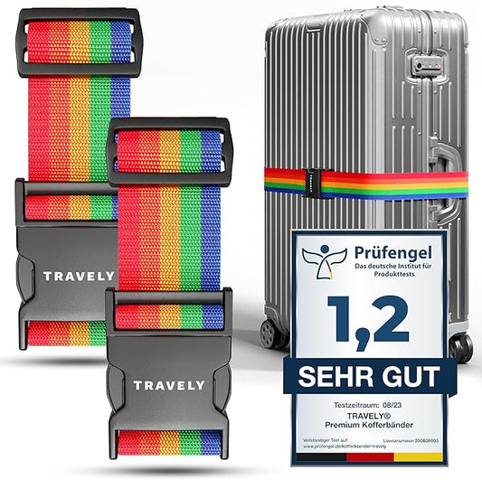 TRAVELY Luggage Straps - Particularly conspicuous & Secure - Incl. 2 Name Tags - Luggage Strap Ideal crosswise - [Set of 2]