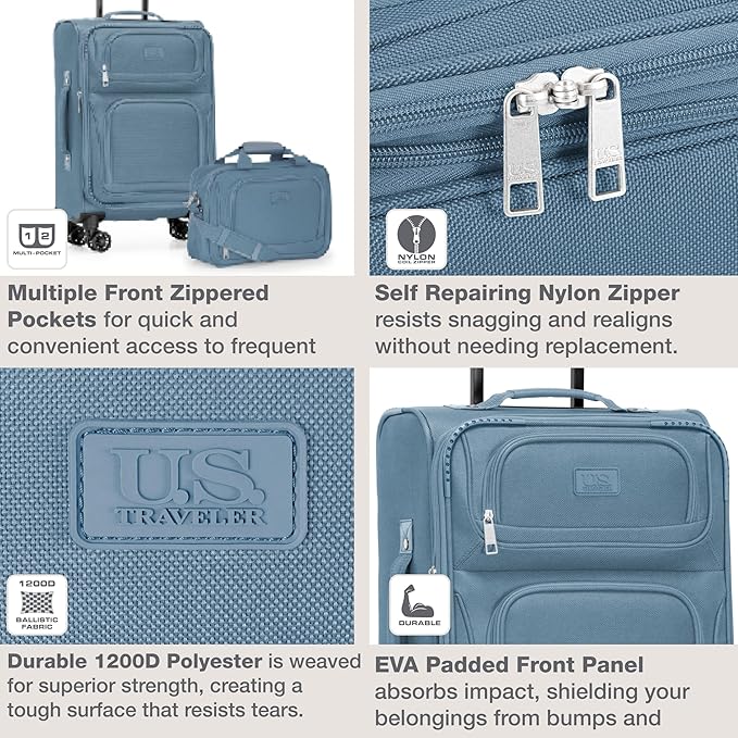 U.S. Traveler Rio Lightweight Softside Rolling Carry-on Suitcase, 4-Wheel Set, Light Blue