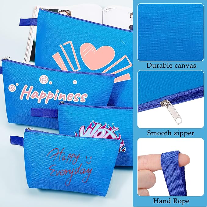 10 Pieces Cotton Canvas Makeup Bag with Bottom and Strap, Multi-Purpose Cosmetic Bag with Zipper Travel Toiletry Pouch, Blank DIY Craft Bag (Blue, M)