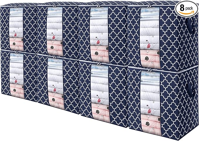WISELIFE Storage Bags 8 Pack/100L Large Blanket Clothes Organization and Storage Containers for Comforters,Bedding, Foldable Organizer with Reinforced Handle, Clear Window, Sturdy Zippers,Blue