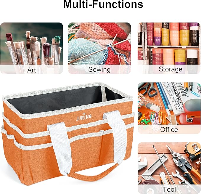 JJRING Craft Organizer Tote Bag, Art Storage Caddy with Multiple Pockets, Orange Sewing Bag for Art, Craft, Scrapbooking, School, Medical, and Office Supplies Storage