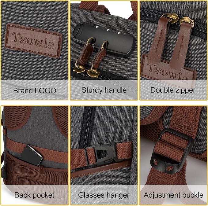 Tzowla Canvas Laptop Backpack-Anti Theft Bag for Men Women,Rucksack Fits 15.6Inch Laptop, Work Travel Bookbag with Lock