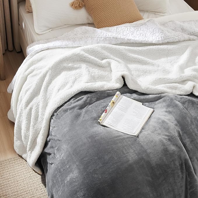 Bedsure GentleSoft Sherpa Fleece Queen Blankets for Bed, Non-Heated, Thick and Warm Throw for Women and Men, Soft Fuzzy Plush Queen Blanket for Winter, Grey, 90x90 Inches