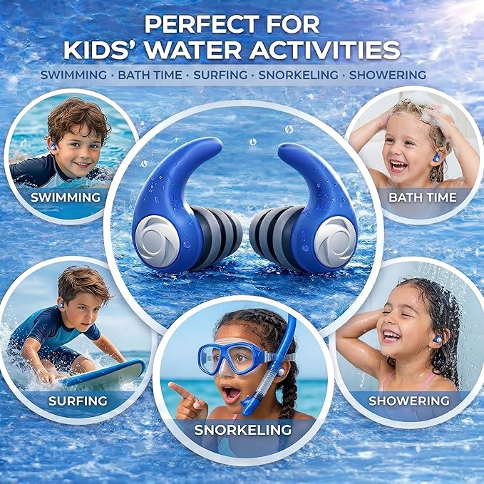 Waterproof Swimming Ear Plugs for Kids - 3 Pairs of Reusable Soft Silicone Swim Earplugs,Ear Protection for Children (4-12 Years Old) - Ideal for Surfing, Diving, Pool, Showering, and Water Sports