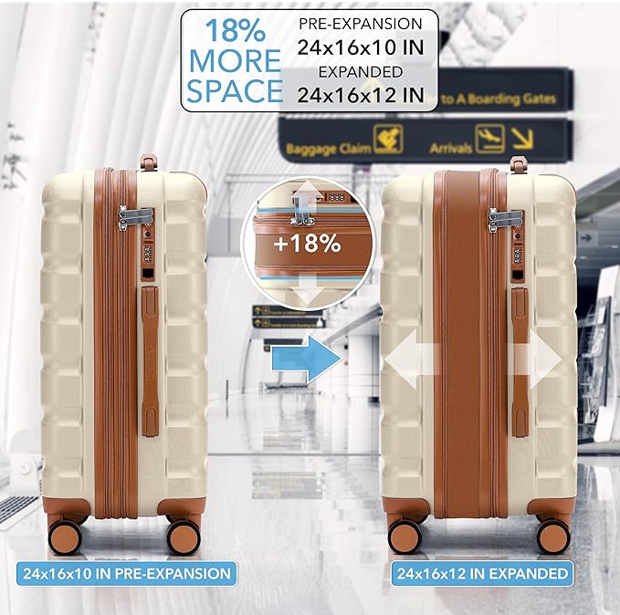 Flight Knight 24x16x10 Expandable Carry On Suitcase Hardside TSA Lock USB C Lightweight Luggage Silent Double Spinner Wheels Maximum Overhead Carry-On Bag For Virgin South West Approved Cream/Tan