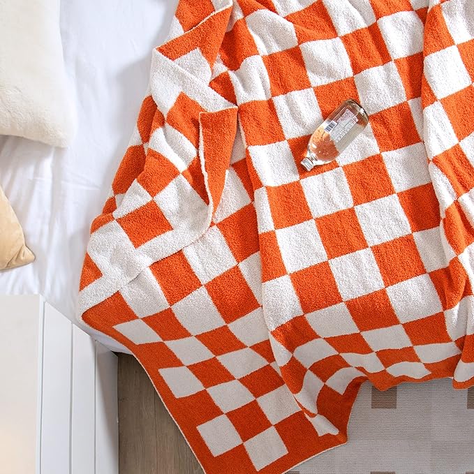 SeaRoomy CheckeredThrow Blanket, Soft Fluffy Microfiber Knit Throw Blanket for Couch Bed, Warm Cozy Reversible Checkerboard Knitted Blanket Room Decor(Burnt Orange, 60"×79")