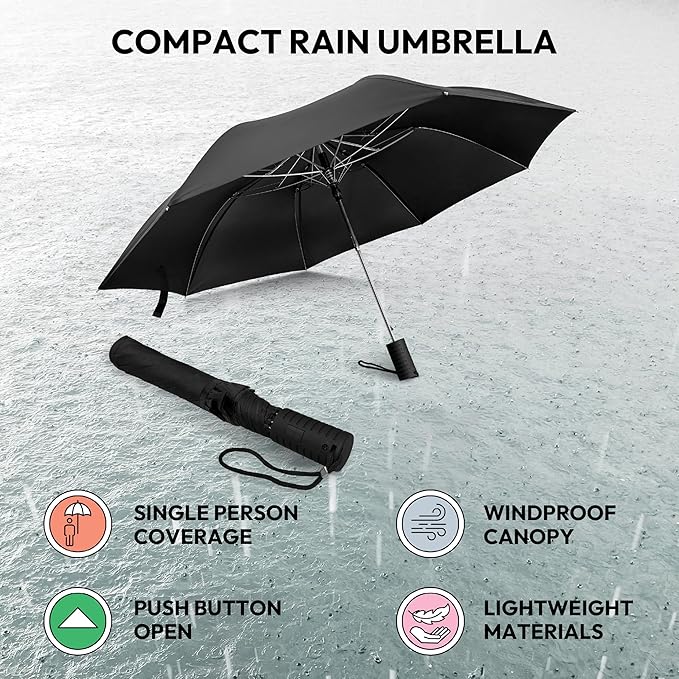 Weather Station Automatic Rain Umbrella, Windproof, Lightweight, and Packable for Travel, Full 42 Inch Arc, Black