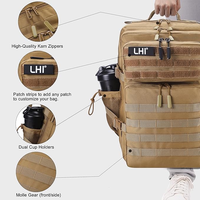 LHI Military Tactical Backpack for Men and Women 45L Army 3 Days Assault Pack Bag Large Rucksack with Shoe Compartment
