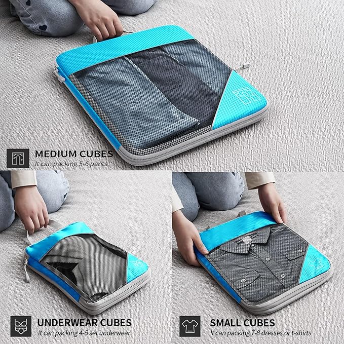 9-Set Packing Cubes with Hanging Bag | 9-Size Combination, Mesh Fabric & Reflective Stripe | Travel Luggage Organizers (sky blue)