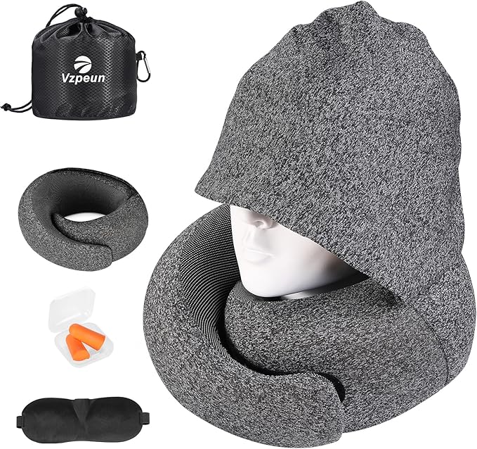 Travel Pillow - Hooded Neck Pillow Airplane Memory Foam Filling for Plane, Office, Cars Sleeping, Road Trip, Long Flights, Portable Plane Accessories, Includes Eye Mask & Earplugs (Dark Gray)