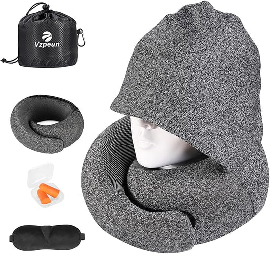 Travel Pillow - Hooded Neck Pillow Airplane Memory Foam Filling for Plane, Office, Cars Sleeping, Road Trip, Long Flights, Portable Plane Accessories, Includes Eye Mask & Earplugs (Dark Gray)