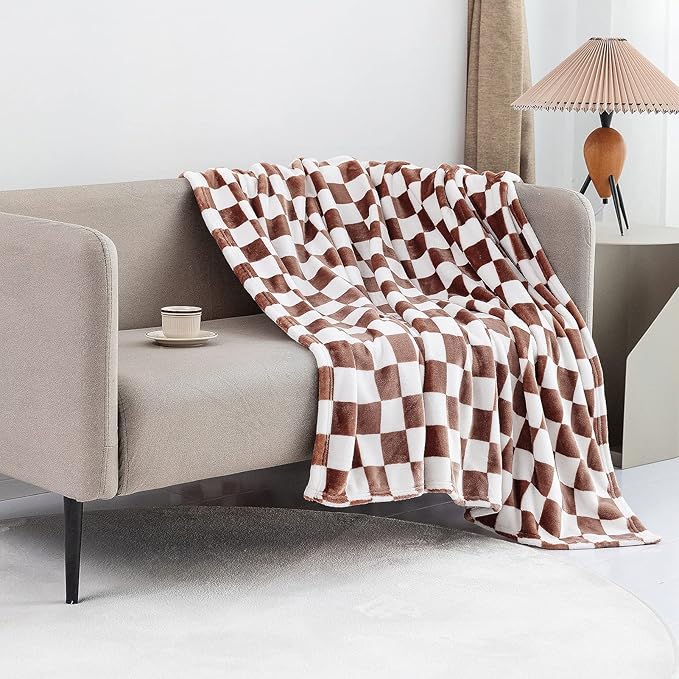 LOMAO Throw Blankets Flannel Blanket with Checkerboard Grid Pattern Soft Throw Blanket for Couch, Bed, Sofa Luxurious Warm and Cozy for All Seasons (Coffee, 60"x80")