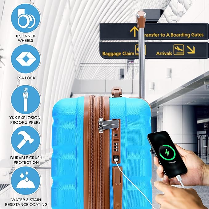 Flight Knight 24x16x10 Expandable Carry On Suitcase Hardside TSA Lock USB C Lightweight Luggage Silent Double Spinner Wheels Maximum Overhead Carry-On Bag Virgin South West Approved Turquoise/Tan