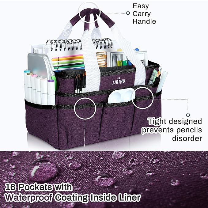 JJRING Craft Organizer Tote Bag, Art Storage Caddy with Multiple Pockets, Deep Purple Sewing Bag for Art, Craft, Scrapbooking, Medical, and Office Supplies Storage