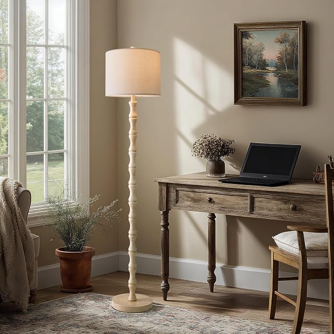 BOBOMOMO 62" Rustic Floor Lamp, Retro Farmhouse Standing Lamp with Rotary Switch, Resin Antique White Floor Lamp for Living Room, Bedroom, Corner, Dining Room, Nursery, Cozy Home Décor