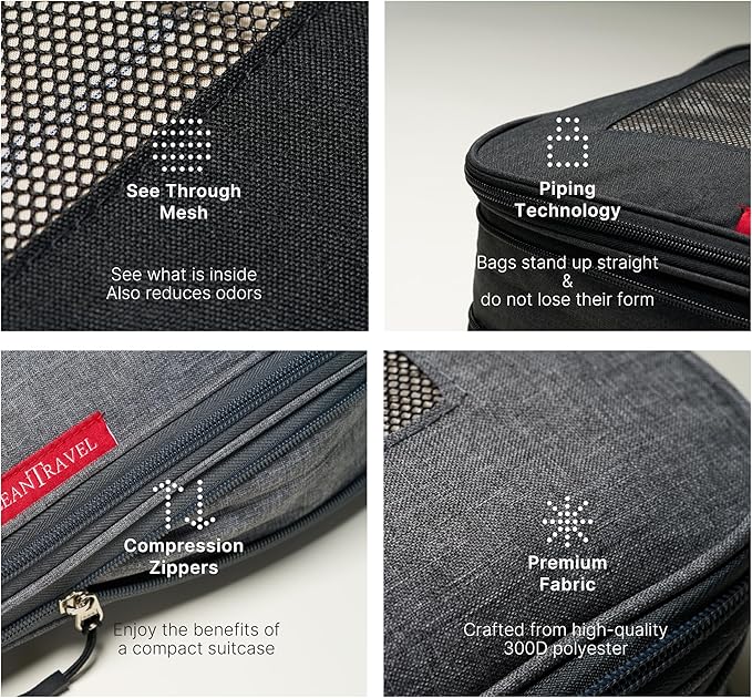 LeanTravel Premium Compression Packing Cubes for Travel - Suitcase Organizer Bags with Double Zipper & Breathable Mesh Panel - Space Saving Carry On Luggage Essentials (6-Pack, Grey, Black, Brown)
