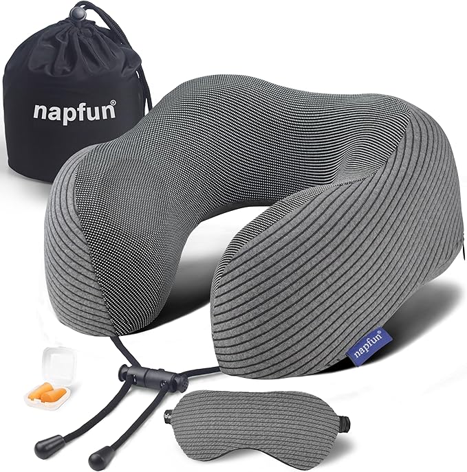 napfun Neck Pillow for Travel with Travel Pouch, Sleep Mask & Earplugs, Memory Foam Airplane Pillow for Headrest Sleep with Eyeshades, Plane Essentials with Eye Blindfold, Dark Gray Striped Kit