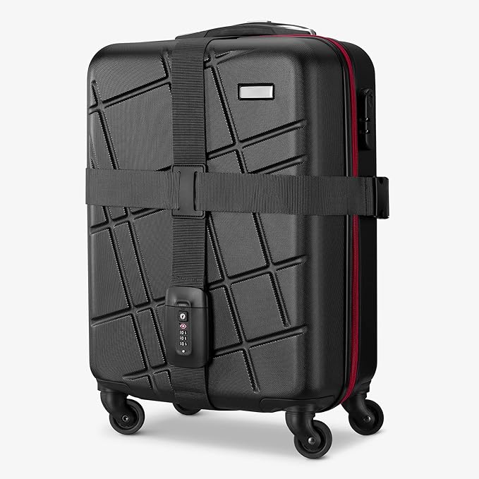 Navaris Suitcase Strap with Lock - Cross Case Baggage Belt with Combination Lock and Luggage Tag for Suitcases, Cabin Cases, Travel Bags - Black