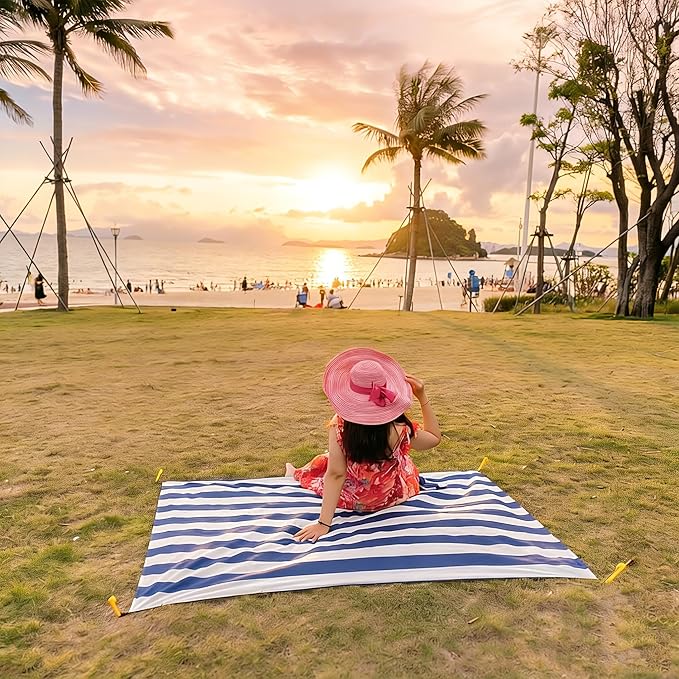 Pocket Blanket 71"x55", Lightweight Compact Sandproof Waterproof Outdoor Blanket for Beach, Hiking, Camping, Travel, Festivals, Picnic with Pockets, Loops, Stakes, Carabiner