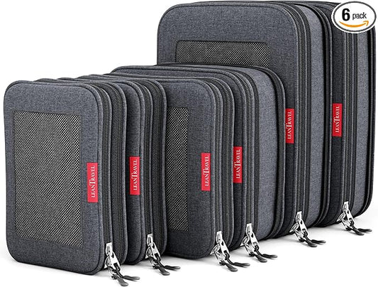 LeanTravel Premium Compression Packing Cubes for Travel - Suitcase Organizer Bags with Double Zipper & Breathable Mesh Panel - Space Saving Carry On Luggage Essentials (6-Pack Black)