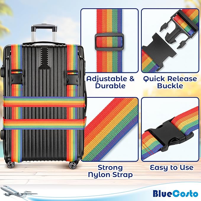 Luggage Straps for Suitcases - TSA Approved - Rainbow, 4 PK - Premium Belts for Suitcase, Briefcase & Travel Bag - Adjustable Strap Length 43" - 78"