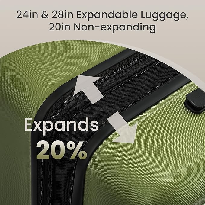 SHOWKOO Luggage Sets Expandable 100% PC Durable Suitcase Double Wheels TSA Lock Olive Green 3pcs