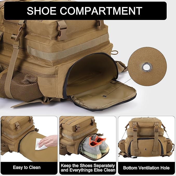 LHI Military Tactical Backpack for Men and Women 45L Army 3 Days Assault Pack Bag Large Rucksack with Shoe Compartment