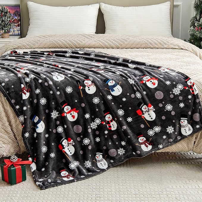 Grey Christmas Throw Blanket - Soft Warm Cozy Fleece Winter Throw, Holiday Blanket with Snowman & Snowflake Design, 60x80 Inches,Grey