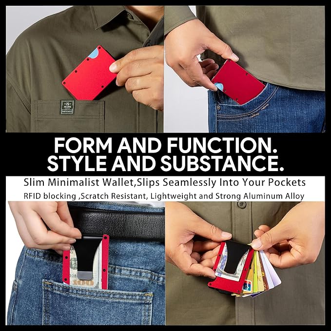 Carbon Fiber Minimalist Wallet for Men Credit Card Holder Money Clip & Cash Strap Slim RFID Mens Wallets(Matt Red)