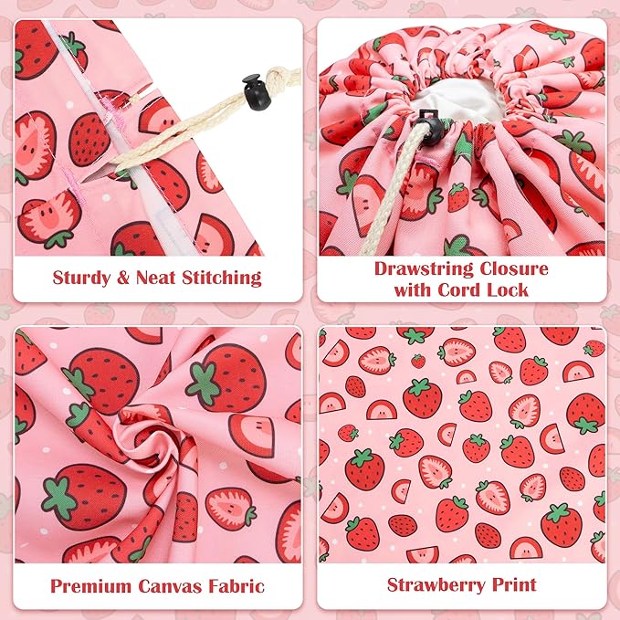 Canvas Laundry Bag with shoulder Strap 24"W x 29"H, Large Drawstring Dirty Clothes Bag Washable Laundry Sack for College Dorm, Travel, Home, Camp (Strawberry)