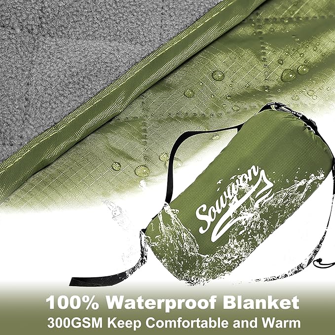 Waterproof Outdoor Blanket 82”X 55” Packable, Stadium Blankets for Camping with Quilted Fleece Lining, Large Windproof Emergency Throw Mat for Garss Picnic Hiking Road Trip, Machine Washable, Green