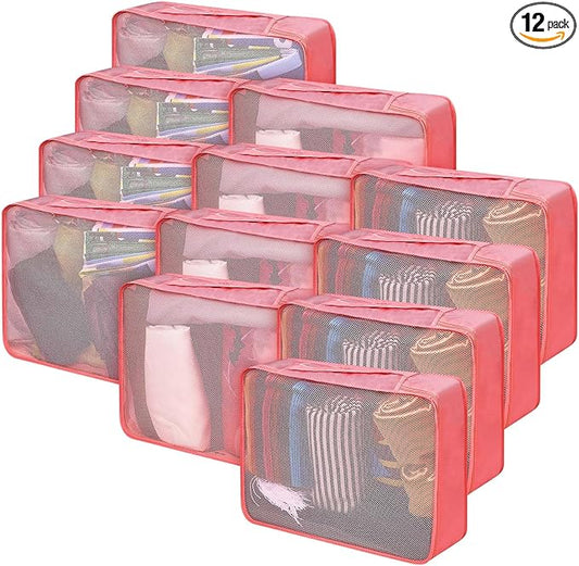 Silkfly 12 Pcs Packing Cubes for Suitcase Travel Luggage Bags Bulk Mesh Organizer Set for Hiking Camping Backpacking Clothes Accessories(Watermelon Red)