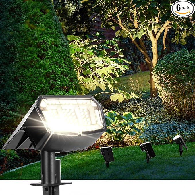Solar Spot Lights Outdoor Waterproof, 6 Packs, Neutral White | 63 LED, 3 Lighting Modes, Solar Landscape Lights for Yard, Garden, House, Garage, Pathway, Tree, Backyard