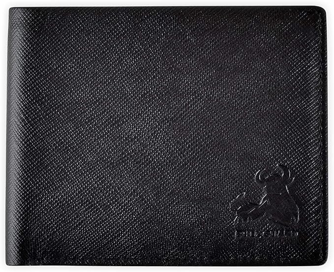 Mens RFID Leather Wallet Bifold on Black Saffiano Designer Leather, Secure and Durable Extra Capacity Billfold with 11 Credit Cards, Flip Up ID, Tight Stitching & Quick Thumb Push Access, Gift Boxed