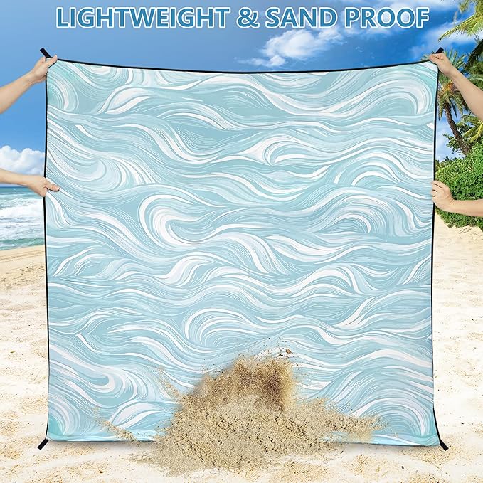Beach Blanket Waterproof Sandproof Beach Mat for 1-8 Adults Quick Drying Durable Outdoor Picnic Mat for Beach Festival Travel Camping Hiking (Ocean Wave-Dark BL, 79"×83"(4 Person))
