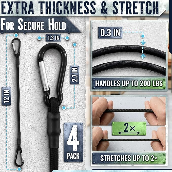 12 Inch Bungee Cords with Heavy Duty Carabiners 4 Pcs – 200 Lbs Load, UV Resistant, Double Braided Rubber & Latex Rope with Carabiner from Anti-Rust Steel | Car, Camp, RV, Kayak, Home and Outdoor Use