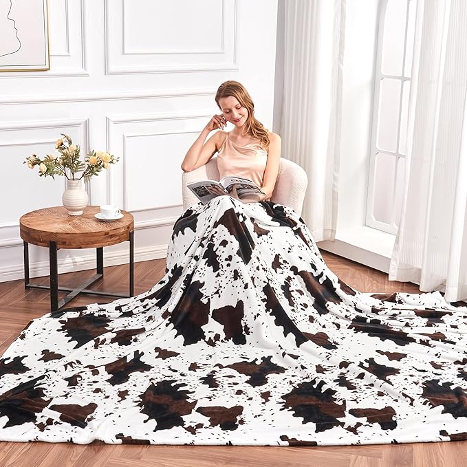 Queen Size Cow Blanket for Couch Bed, Soft Cozy Fleece Cow Printed Blanket for All Seasons 90"x90" (Dark Brown)