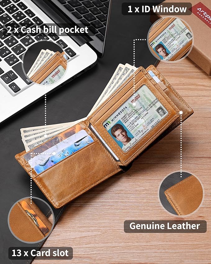 Artpaxy Mens Wallet Genuine Leather Bifold RFID Blocking Wallet for Men with 1 ID Window 13 Card Holders 2 cash pockets 1 Gift Box (Light Brown)