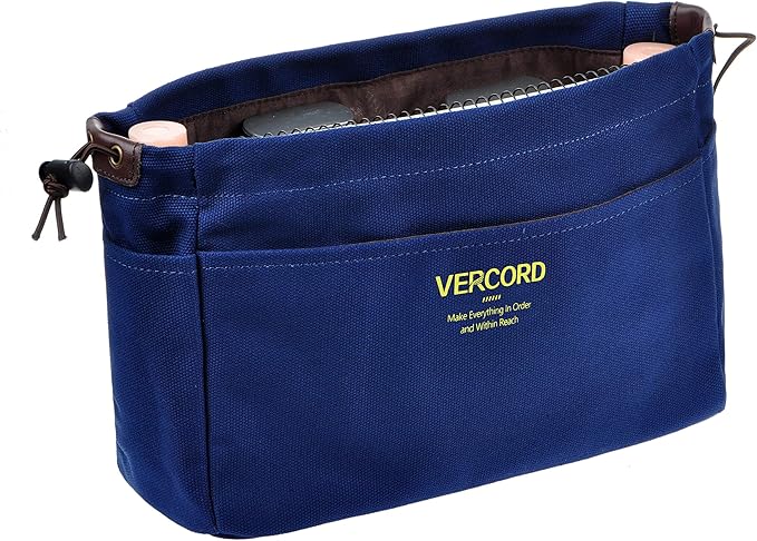 Vercord Canvas Handbag Organizers, Sturdy Purse Insert Organizer Bag in Bag, 10 Pockets Navy Blue Large