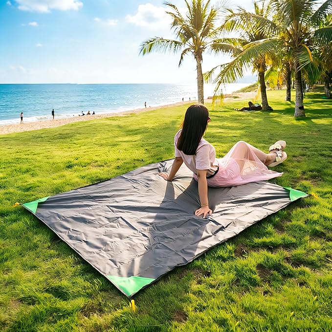 Pocket Blanket 71"x55", Lightweight Compact Sandproof Waterproof Outdoor Blanket for Beach, Hiking, Camping, Travel, Festivals, Picnic with Pockets, Loops, Stakes, Carabiner