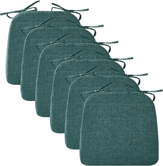 Chair Cushions for Dining Chairs, 2" Thick Seat Cushions for Kitchen Chairs, D-Shaped Chair Pads with Washable Cover, Ties and Non Slip Backing, 17'' x 16'', Set of 6, Green