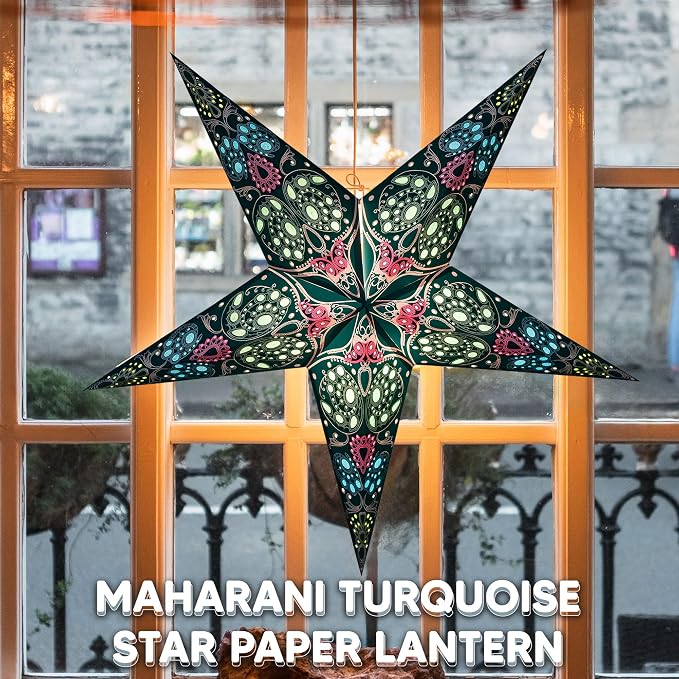 GalaxyArts Paper Star Lantern, Turquoise Maharani 24 Inch 3D 5-Pointed Light-Up Hanging Lamp, Handcrafted Hollow Home Décor for Christmas, Weddings, Holidays, Birthday, Indoor Outdoor Parties