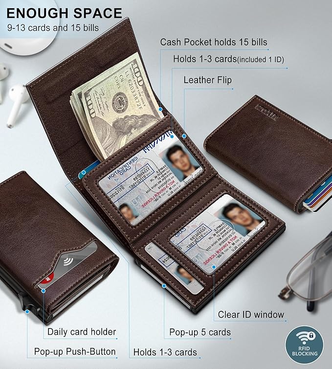 miyozi Wallet for Men,with Cash Pocket 2 ID Window 9-13 Cards,Metal Case Smart Slim Pop Up Credit Card Holder Flip with Magnetic Closure RFID Blocking Trifold wallet with Gift Box